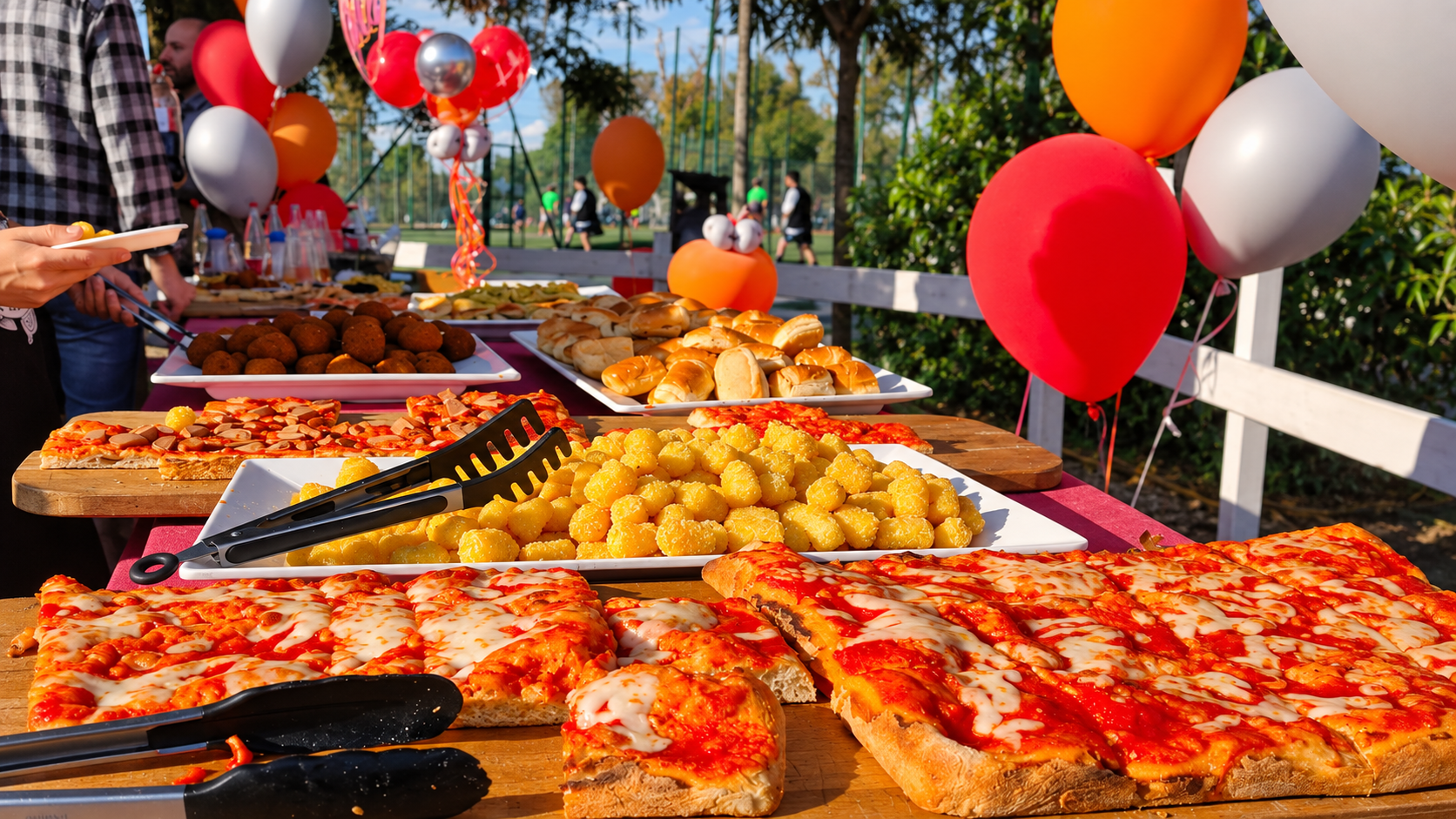 Buffet con pizza, fritti e palloncini per una festa di bambini e ragazzi vicino ai campi sportivi